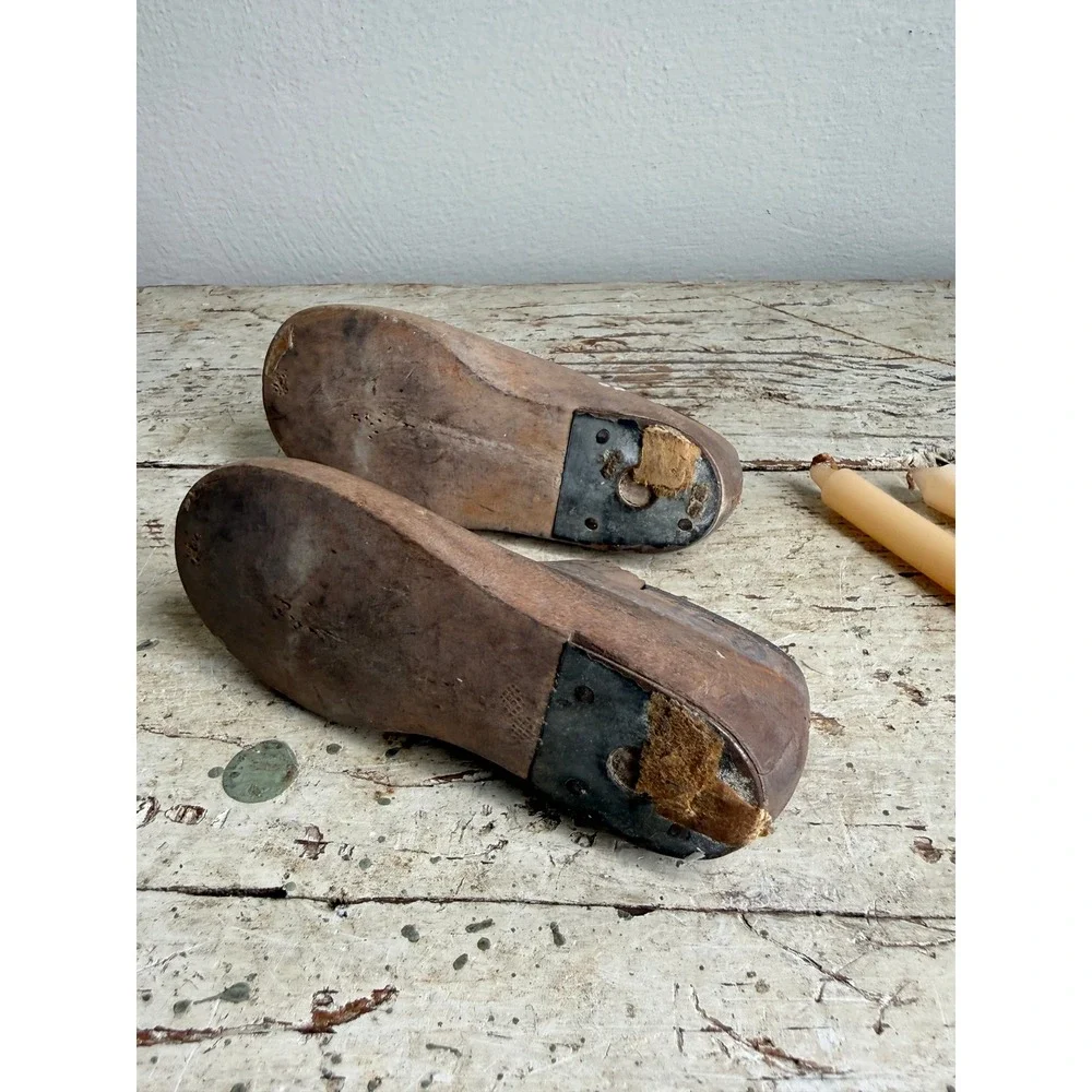Vintage Wooden Child Shoe Last Candle Holders Cobbler Form Set Morton 150 4.5D